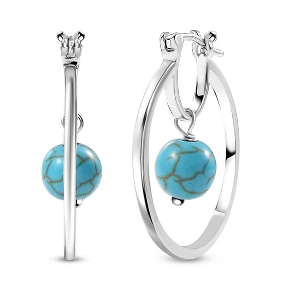 Jewelry - Women's Blue Howlite Hoop Earrings in Silvertone